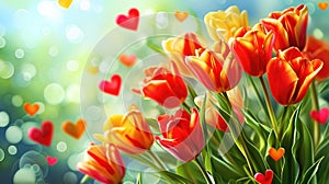 Tulips flowers background with hearts on a blurred background as Valentine\'s day love background