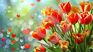Tulips flowers background with hearts on a blurred background as Valentine\'s day love background
