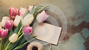 Tulips flowers bouquet with blank greeting card. Floral composition with beautiful fresh tulips. Hello spring