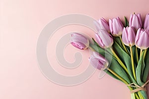 Tulips flowers on pink background. Flat lay, top view.
