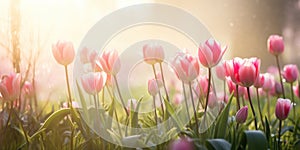 Tulips in a foggy, cheerful bright light in the spring. Copy space