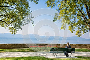 Tulips garden park festival beautiful flowers in spring season at morges city near lake leman in Switzerland, vacation in Europe
