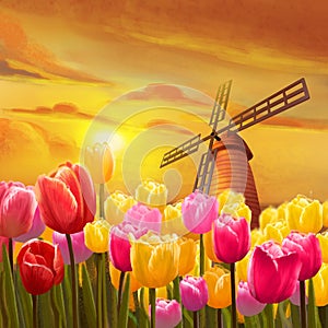 Tulips Garden. Realistic Fantastic Scenes photo