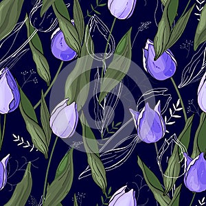 Floral pattern with  different kind of flowers. Tulips. Hand drawn style on background. Seamless vector texture