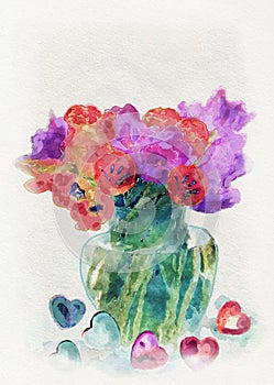 Tulips and hearts. Watercolor painting