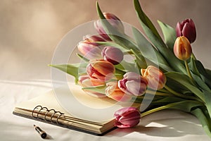 Tulips and a light pastel background with a notepad, in the style of understated elegance, associated press photo, bloom care, sto