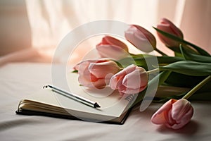 Tulips and a light pastel background with a notepad, in the style of understated elegance, associated press photo, bloom care, sto