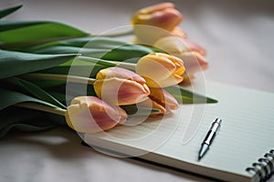 Tulips and a light pastel background with a notepad, in the style of understated elegance, associated press photo, bloom care, sto