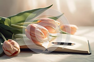 Tulips and a light pastel background with a notepad, in the style of understated elegance, associated press photo, bloom care, sto