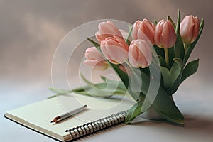 Tulips and a light pastel background with a notepad, in the style of understated elegance, associated press photo, bloom care, sto