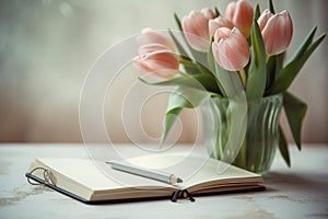 Tulips and a light pastel background with a notepad, in the style of understated elegance, associated press photo, bloom care, sto