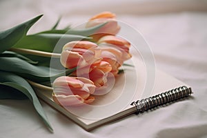 Tulips and a light pastel background with a notepad, in the style of understated elegance, associated press photo, bloom care, sto