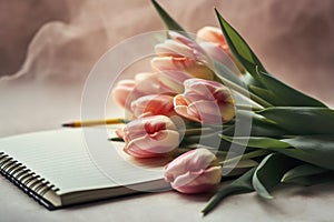 Tulips and a light pastel background with a notepad, in the style of understated elegance, associated press photo, bloom care, sto