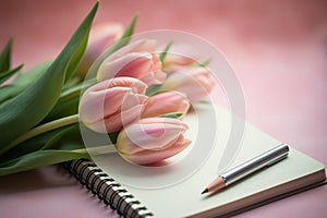 Tulips and a light pastel background with a notepad, in the style of understated elegance, associated press photo, bloom care, sto