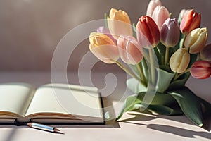 Tulips and a light pastel background with a notepad, in the style of understated elegance, associated press photo, bloom care, sto