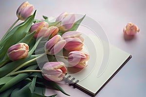 Tulips and a light pastel background with a notepad, in the style of understated elegance, associated press photo, bloom care, sto