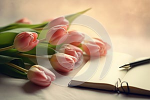 Tulips and a light pastel background with a notepad, in the style of understated elegance, associated press photo, bloom care, sto