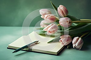 Tulips and a light pastel background with a notepad, in the style of understated elegance, associated press photo, bloom care, sto