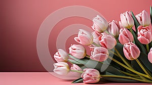 tulips on pink background, copy space Card for Mothers day, 8 March, Happy Easter. Waiting for spring