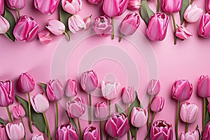 tulips on pink background, copy space Card for Mothers day, 8 March, Happy Easter. Waiting for spring