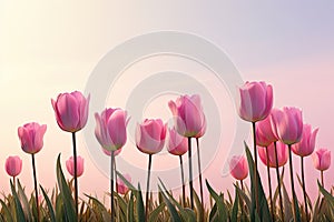 tulips on pink background, copy space Card for Mothers day, 8 March, Happy Easter. Waiting for spring