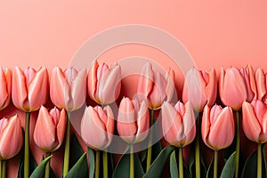 tulips on pink background, copy space Card for Mothers day, 8 March, Happy Easter. Waiting for spring