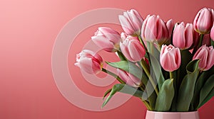 tulips on pink background, copy space Card for Mothers day, 8 March, Happy Easter. Waiting for spring