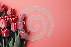 tulips on pink background, copy space Card for Mothers day, 8 March, Happy Easter. Waiting for spring