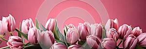 tulips on pink background, copy space Card for Mothers day, 8 March, Happy Easter. Waiting for spring