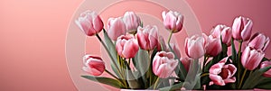 tulips on pink background, copy space Card for Mothers day, 8 March, Happy Easter. Waiting for spring