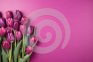 tulips on pink background, copy space Card for Mothers day, 8 March, Happy Easter. Waiting for spring