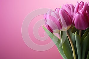 tulips on pink background, copy space Card for Mothers day, 8 March, Happy Easter. Waiting for spring