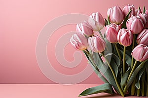 tulips on pink background, copy space Card for Mothers day, 8 March, Happy Easter. Waiting for spring