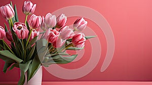 tulips on pink background, copy space Card for Mothers day, 8 March, Happy Easter. Waiting for spring