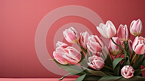 tulips on pink background, copy space Card for Mothers day, 8 March, Happy Easter. Waiting for spring