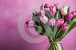 tulips on pink background, copy space Card for Mothers day, 8 March, Happy Easter. Waiting for spring