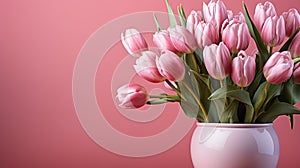 tulips on pink background, copy space Card for Mothers day, 8 March, Happy Easter. Waiting for spring