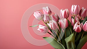 tulips on pink background, copy space Card for Mothers day, 8 March, Happy Easter. Waiting for spring