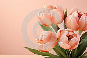 tulips on pink background, copy space Card for Mothers day, 8 March, Happy Easter. Waiting for spring