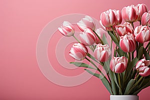 tulips on pink background, copy space Card for Mothers day, 8 March, Happy Easter. Waiting for spring