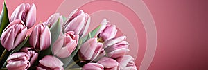 tulips on pink background, copy space Card for Mothers day, 8 March, Happy Easter. Waiting for spring