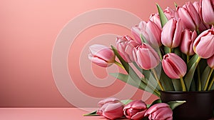 tulips on pink background, copy space Card for Mothers day, 8 March, Happy Easter. Waiting for spring