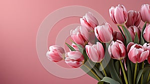 tulips on pink background, copy space Card for Mothers day, 8 March, Happy Easter. Waiting for spring