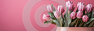 tulips on pink background, copy space Card for Mothers day, 8 March, Happy Easter. Waiting for spring