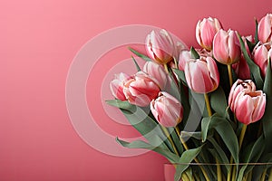 tulips on pink background, copy space Card for Mothers day, 8 March, Happy Easter. Waiting for spring