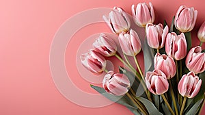 tulips on pink background, copy space Card for Mothers day, 8 March, Happy Easter. Waiting for spring