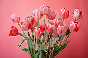 tulips on pink background, copy space Card for Mothers day, 8 March, Happy Easter. Waiting for spring