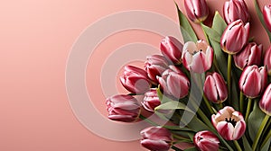 tulips on pink background, copy space Card for Mothers day, 8 March, Happy Easter. Waiting for spring