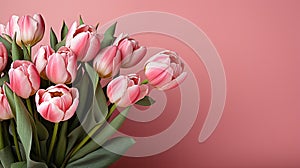 tulips on pink background, copy space Card for Mothers day, 8 March, Happy Easter. Waiting for spring