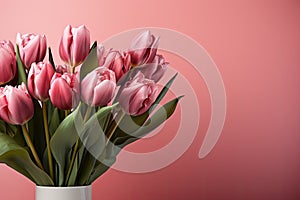 tulips on pink background, copy space Card for Mothers day, 8 March, Happy Easter. Waiting for spring